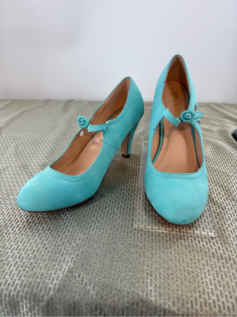 Chase & Chloe Kimmy-21 Teal Blue Mary Jane Mid Heels Pumps Cutout Strap Sz 10